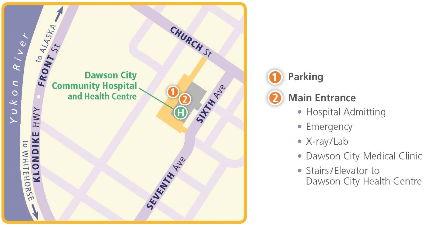 A map of the parking lot at Dawson City Community Hospital.