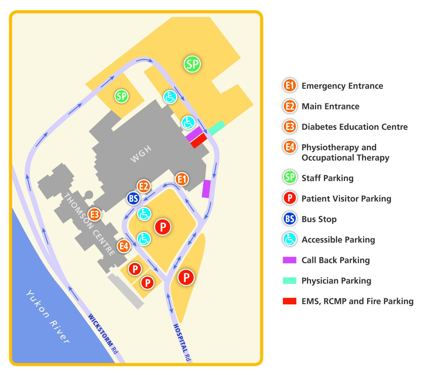 A map of the parking lot and entrances at Whitehorse General Hospital.