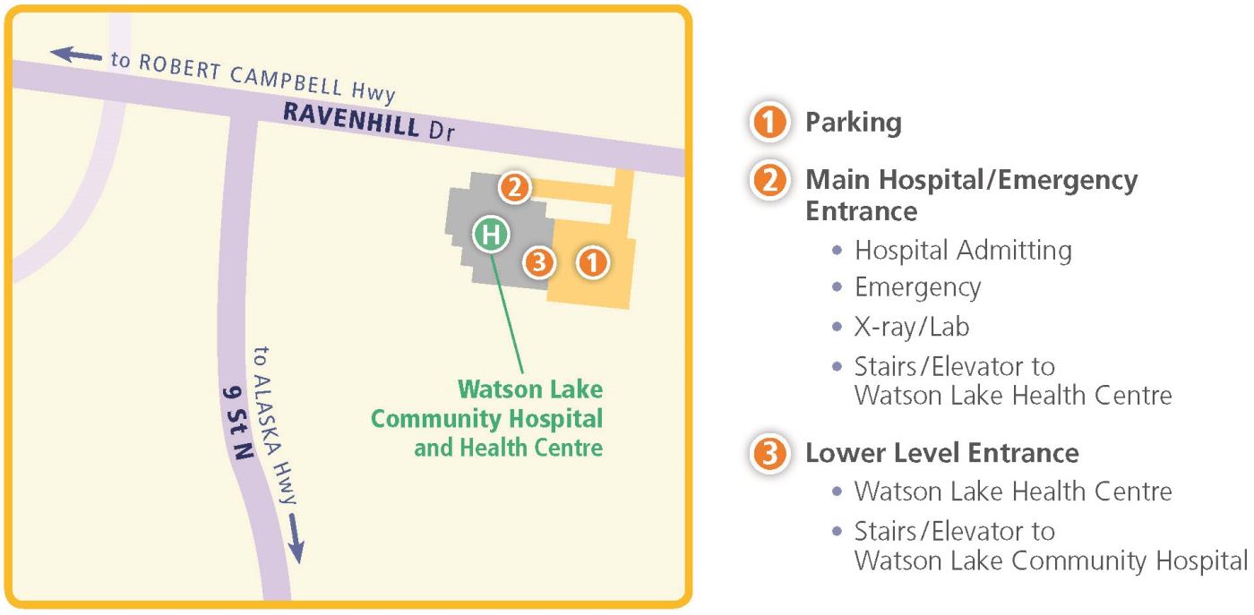 A map of the parking lot and entrances to Watson Lake Community Hospital.
