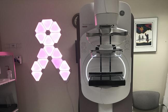 The breast tomosynthesis mammography machine in the mammography exam room at Whitehorse General Hospital.
